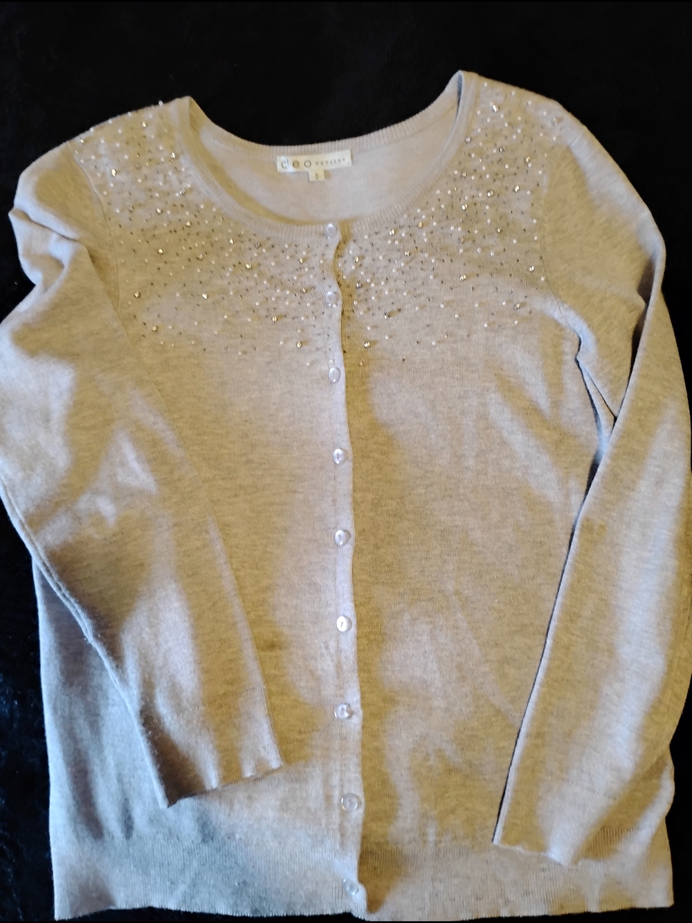 Beaded Crewneck Cardigan - Light Grey